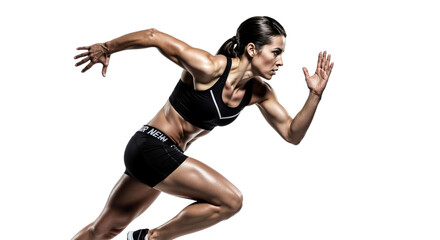 Determined athlete bursts forward with dynamic running start on white