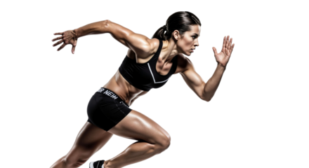 Determined athlete bursts forward with dynamic running start on white