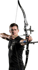 Focused Archer Preparing to Shoot with a Compound Bow on White Backdrop
