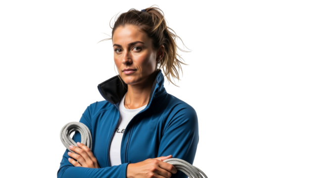 Determined female athlete holding jump rope isolated on white backdrop
