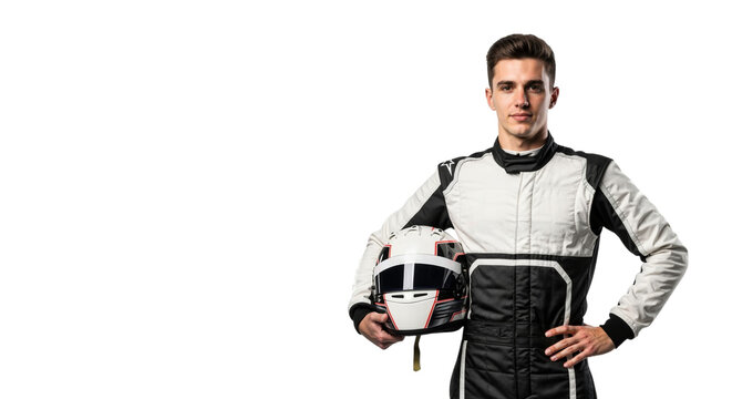 Confident race car driver poses with helmet on a pure white backdrop