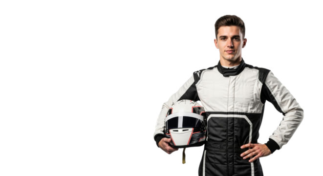 Confident race car driver poses with helmet on a pure white backdrop