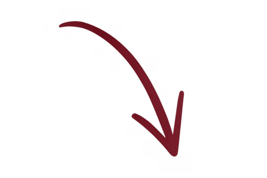 Hand-drawn red arrow with a curved shaft pointing downwards. Simple graphic design element for a variety of indications