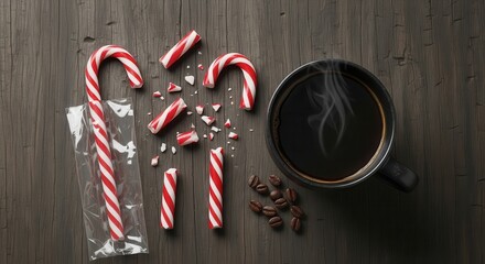 Sweet Candy Canes Broken Pieces Alongside Steaming Coffee Cup and Beans