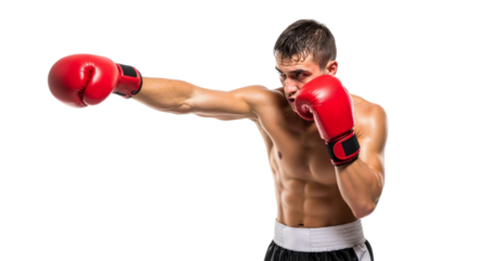 Intense boxer throwing punch with determined expression against white backdrop