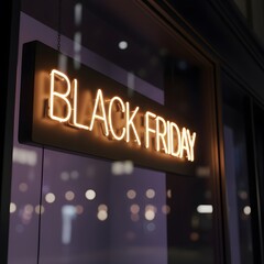 A warm, glowing neon “BLACK FRIDAY” sign hangs in a dark storefront window