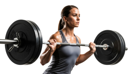 Focused woman lifting barbell on white backdrop for strength training