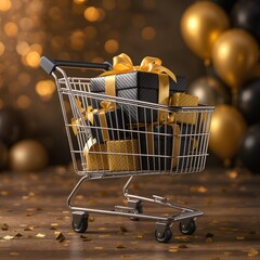 A shopping cart brimming with elegantly wrapped black and gold gifts sits on a wooden floor
