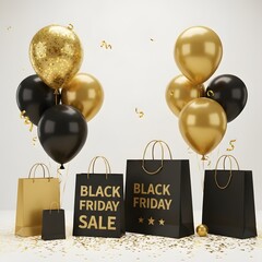 Black Friday scene features glossy black and gold balloons floating above elegant shopping bags 