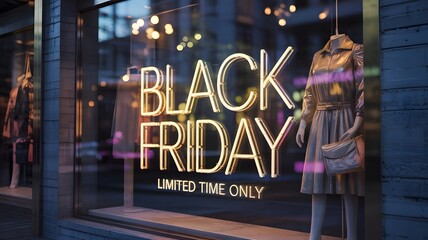 A vibrant neon “BLACK FRIDAY” sign glows in a store window