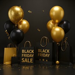 Black Friday scene features glossy black and gold balloons floating above elegant shopping bags 