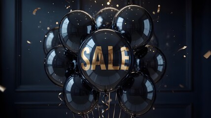 A cluster of glossy black balloons, one emblazoned with “SALE” in bold gold letters