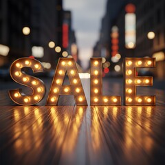 Giant, illuminated marquee letters spelling “SALE” glow warmly on a polished wooden floor