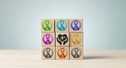 Awareness Ribbons on Wooden Blocks A Symbol of Hope and Support