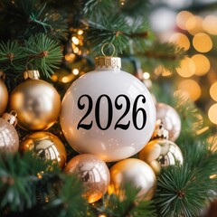 2026 christmas ornament on decorated tree with lights