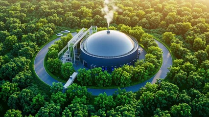Eco dome facility forest circular road green trees morning light clean energy renewable sustainability focus serene mood biogas plant renewable - Powered by Adobe