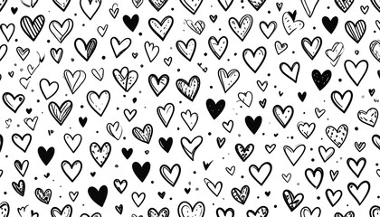 Black and white doodle-style hearts fill a patterned background