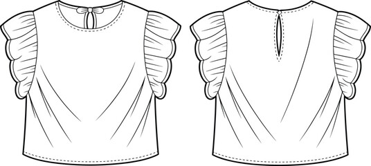 Women's top fashion sketch, front and back view, ruffle sleeve blouse, garment design template, apparel flat drawing, vector illustration, CAD drawing