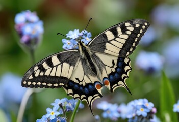 Fototapeta premium A beautiful, intricately patterned butterfly resting on delicate blue wildflowers in its natural habitat