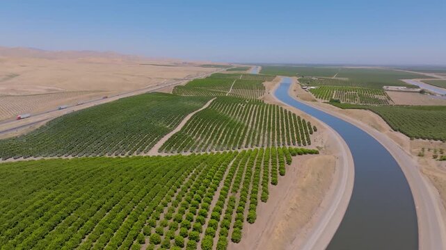  4K Drone Shot of  Agricultural Fields and Canal System &ndash; Central Valley in California.
