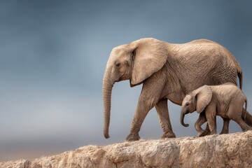 An adult and juvenile elephant walk over a rocky outcrop against a muted blue sky