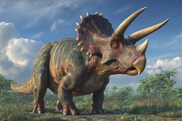 A detailed, colorful, realistic depiction of a Triceratops standing in a bright outdoor setting