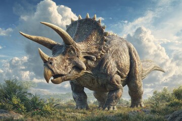 Realistic depiction of a Triceratops grazing in a field beneath a cloudy, bright sky