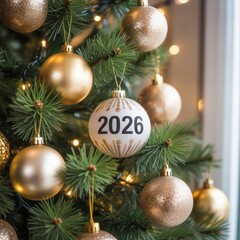 2026 christmas ornament on decorated tree with lights
