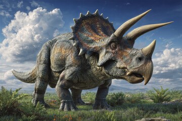 A detailed illustration shows a horned, armored herbivore from the prehistoric era, standing in landscape