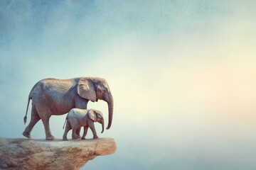 A large elephant and calf walk across a cliff edge against a light, blurred background