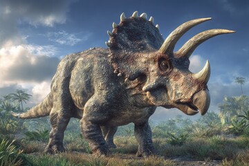 A realistic, rendered illustration of a Triceratops dinosaur set against a vibrant, natural landscape