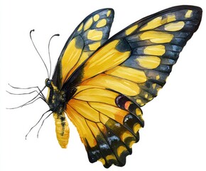 Watercolor rendering showcasing a vibrant yellow and black patterned butterfly in side view