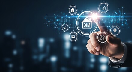 Businessman interacting with a Building Information Modeling system on a virtual interface