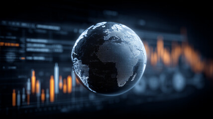 Digital globe over analytics panels representing global markets intelligence, data driven decisions, and real time financial strategy.
