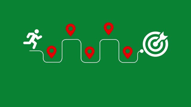 White runner icon on a winding path with location pins on a green background running person. Journey to the goal , business planning concept. Touching a glowing target icon on a connected path with mi