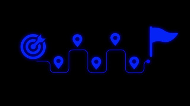 Blue neon target with arrow and path with location pins on a black background bullseye dart.Journey to the goal , business planning concept. Touching a glowing target icon on a connected path with mil
