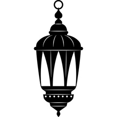 Black Silhouette Islamic Lantern with Ornate Details and Hanging Ring on a White Background an Ancient Decorative Lighting Fixture