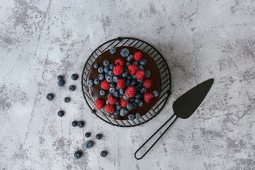 Sweet chocolate cake with fresh berries on grey background