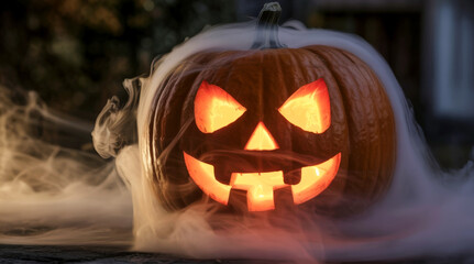 Scary Jack O Lantern Glowing With Fire On Halloween Night With Smoke