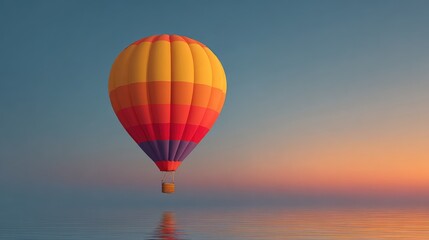 Fototapeta premium Colorful Hot Air Balloon Floating Over Calm Water at Sunset, Capturing the Tranquility and Beauty of an Evening Sky in Vibrant Colors and Soft Reflections