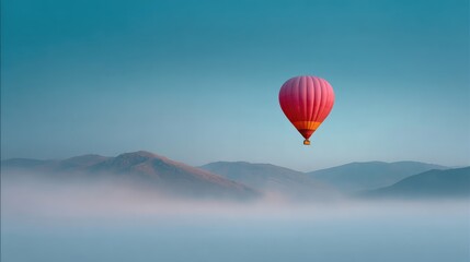 Obraz premium Colorful Hot Air Balloon Floating Over Misty Mountain Landscape at Dawn with Clear Blue Sky, Capturing Serenity and Adventure in Nature