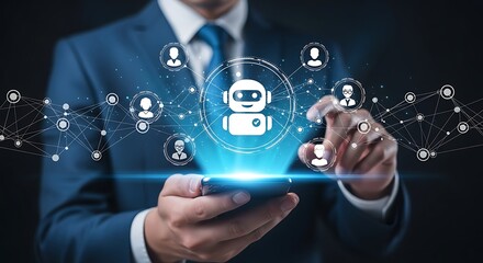 Businessman holding a smartphone with an AI chatbot icon connecting a network of customers for support