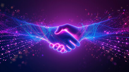 Digital handshake illustration representing collaboration partnership and the future of business with vibrant neon glow effects