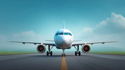 Obraz premium Modern Jet Aircraft on Runway Ready for Takeoff in Clear Blue Sky with Soft Clouds in the Background, Symbolizing Air Travel and Aviation Freedom