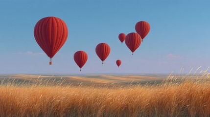 Fototapeta premium A Scenic View of Red Hot Air Balloons Gliding Over Rolling Golden Fields Under a Clear Blue Sky During a Serene Summer Morning Adventure