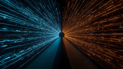 Digital Tunnel with Blue and Orange Light Streams and Central Sphere for Data Transfer and Connection