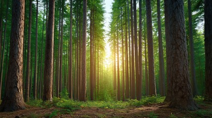 Obraz premium Lush Evergreen Forest with Sunlight Breaking Through Trees, Creating a Serene and Peaceful Atmosphere in a Natural Wilderness Landscape