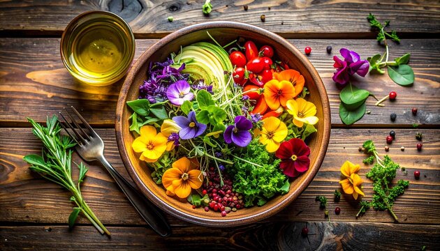 A colorful salad served in a wooden bowl on a rustic wooden table. The salad features a variety of greens, sliced avocado, red cherry tomatoes, and purple cabbage, garnished with a bas