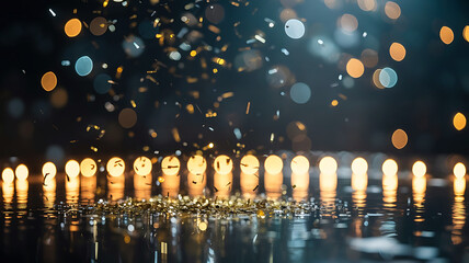 Festive golden confetti falling with bokeh lights creating an abstract background celebrating a special event