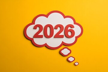 White thought bubble with red border displaying the year 2026 in red numbers on a yellow background